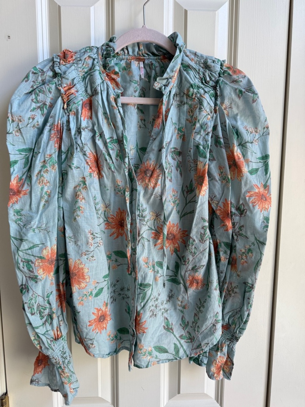 Free People Blue Floral Cotton Blouse XS Puff Sleeve Button Front Top